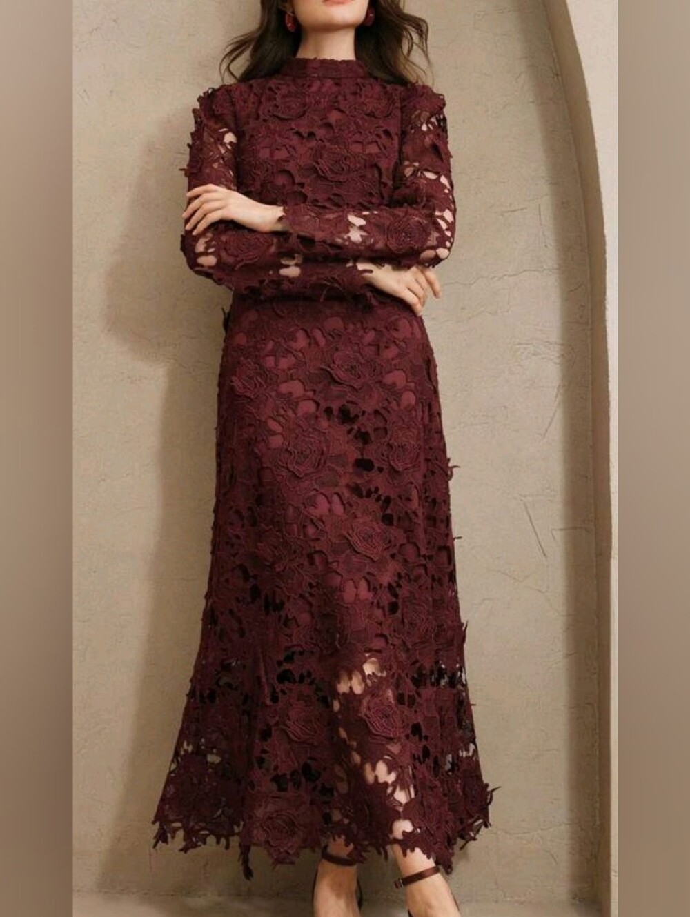 New Luxe Embroidered Sheer Lace Long Dress Long Sleeve Burgundy Red - Picture 2 of 14